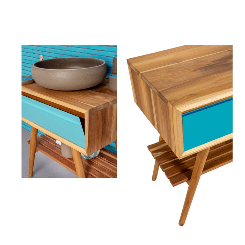  Consolle in Teak di recupero naturale serie Feelcolor Cipi 70cm con cassetto Blu Sardegna by CeramicStore | Lo specialista del tuo bagno