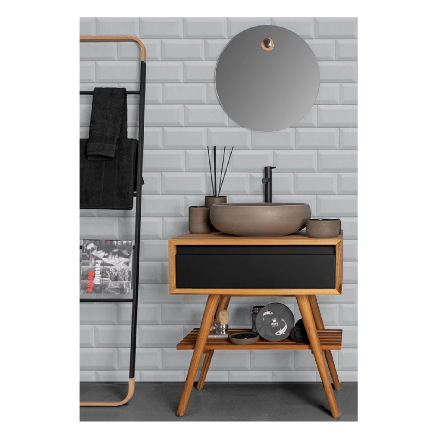 Consolle in Teak di recupero naturale serie Feelcolor Cipi 70cm con cassetto Nero by CeramicStore | Lo specialista del tuo bagno