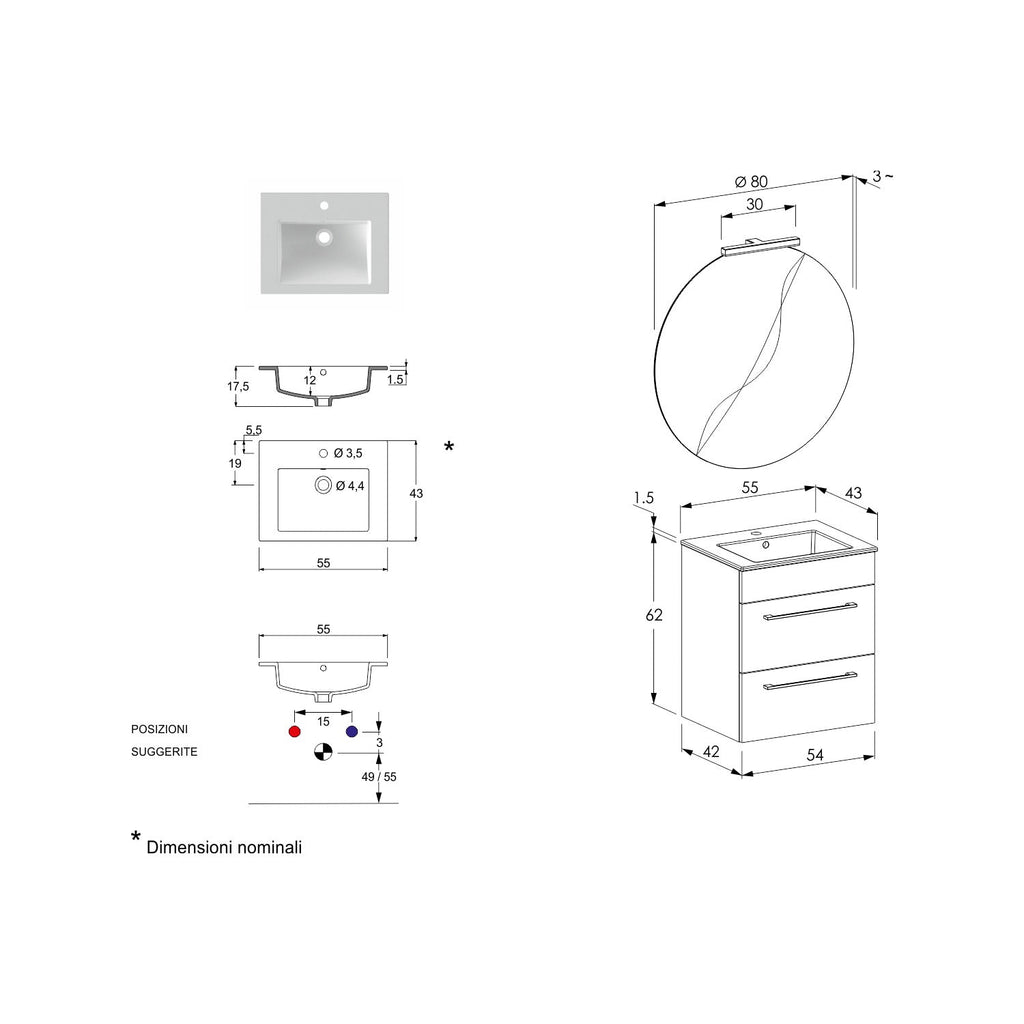  Composizione bagno sospesa Smack a 2 cassetti 55x62 con lavabo