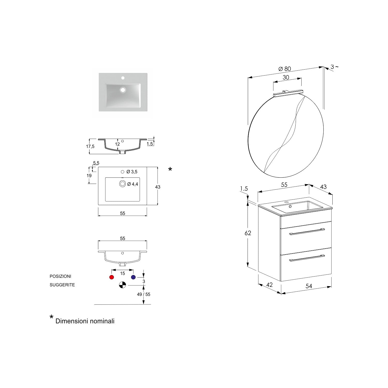  Composizione bagno sospesa Smack a 2 cassetti 55x62 con lavabo