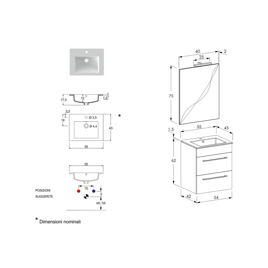  Composizione bagno sospesa Smack a 2 cassetti 55x62 con lavabo