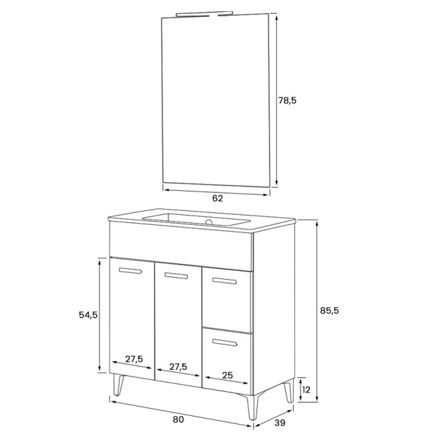Composizione bagno da terra Cubi&Co serie Grace 80 cm con due cassetti e due ante - Bianco lucido
