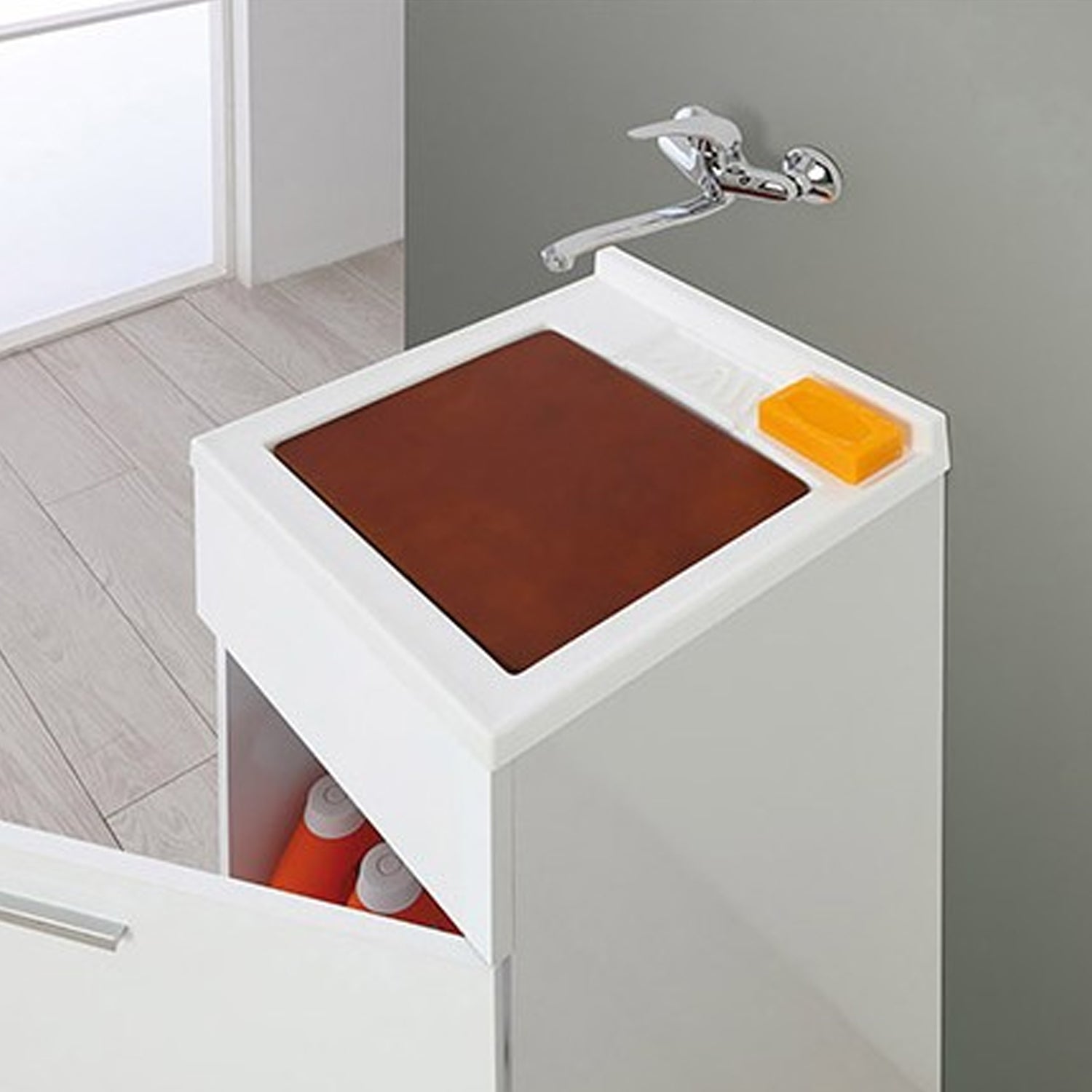 Mobile lavatoio da terra Cubi&Co linea Star 50 cm con vasca in resina - Bianco lucido