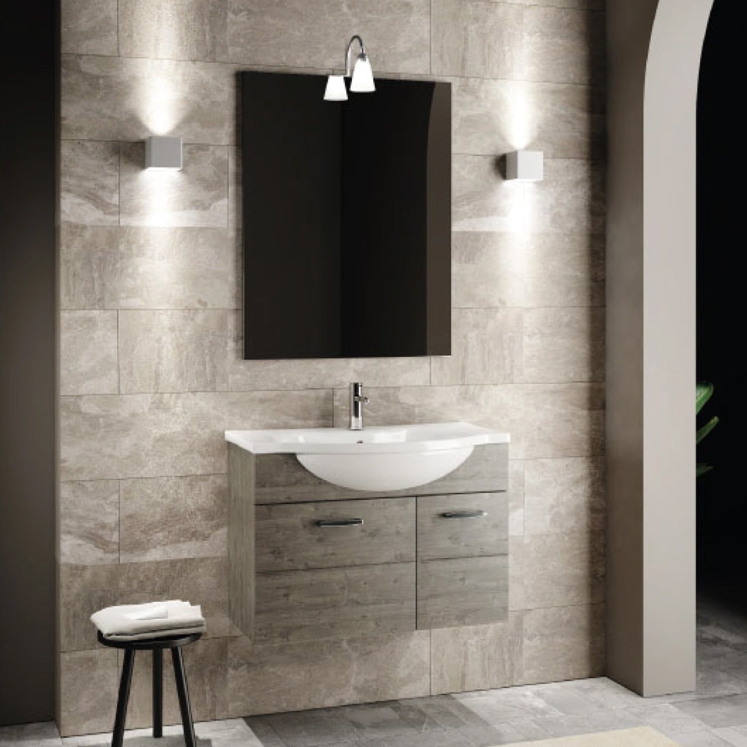 Mobile bagno sospeso con specchiera e lavabo modello Barone - Palissandro/Larice by CeramicStore | Lo specialista del tuo bagno