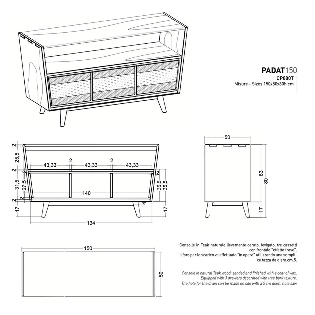  Mobile da bagno in teak CIPI PADAT150 da cm 150 con cassetto by CeramicStore | Lo specialista del tuo bagno