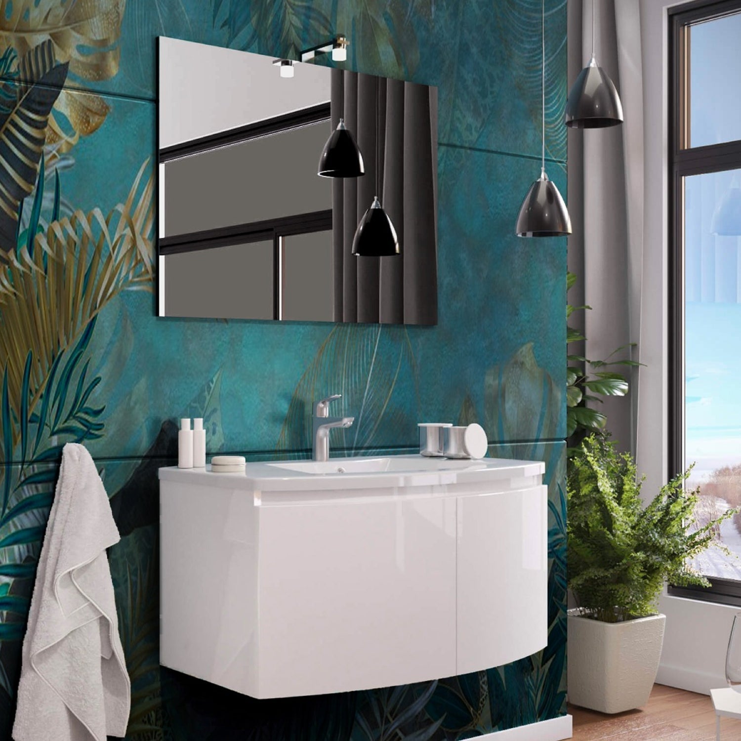 Mobile bagno sospeso con specchiera e lavabo integrato modello Livia - Bianco Lucido by CeramicStore | Lo specialista del tuo bagno