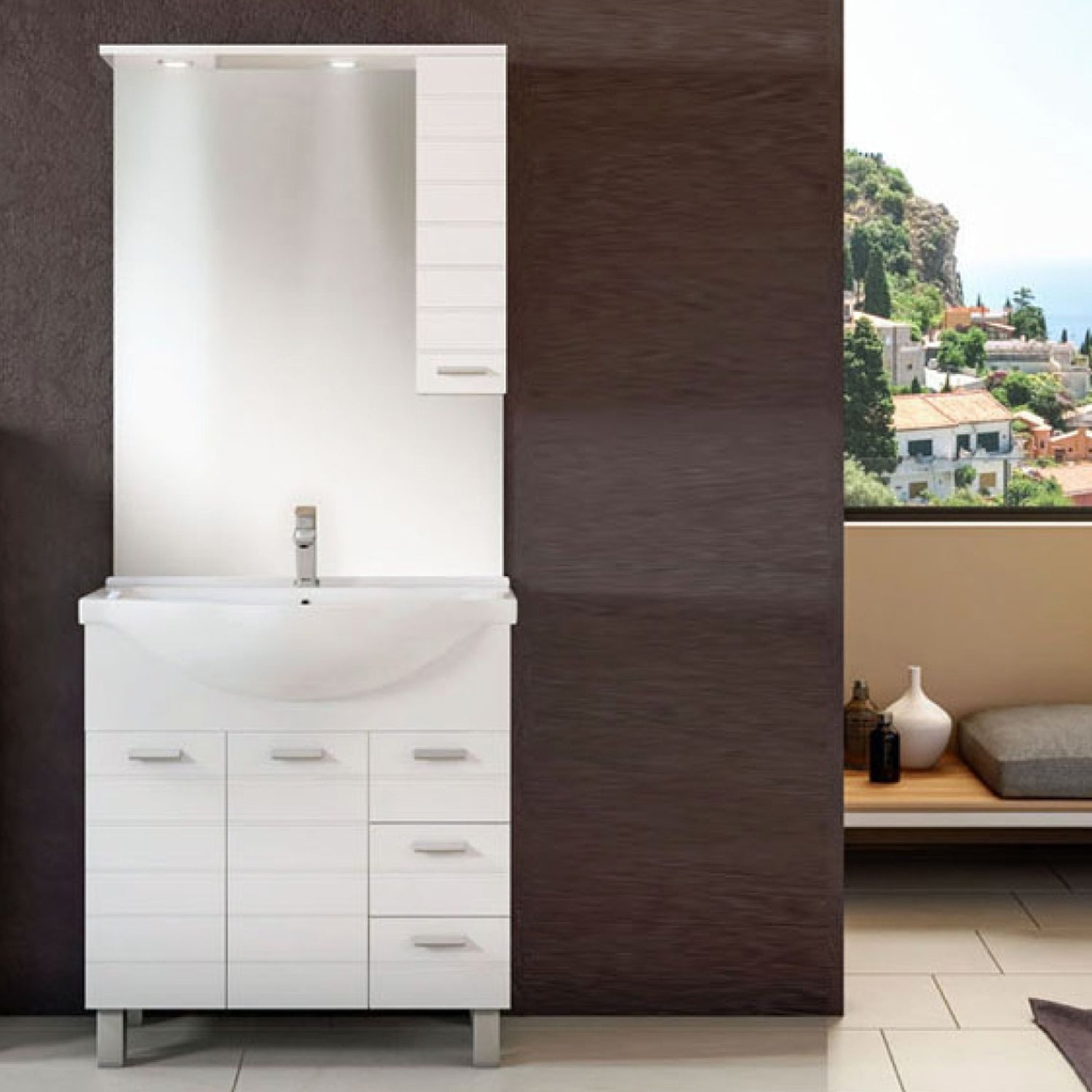 Mobile bagno a terra con specchiera e lavabo Cubi&Co modello Traccia 105 cm - Bianco Lucido by CeramicStore | Lo specialista del tuo bagno