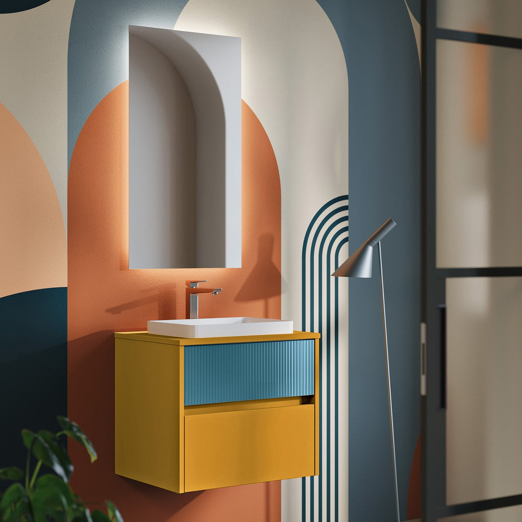 Mobile bagno sospeso Niwa03 di Falegnameria Adriatica con lavabo e specchio L.60+P.46 - Senape e Blu Pacifico by CeramicStore | Lo specialista del tuo bagno