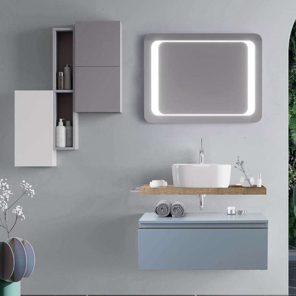  Mobile bagno con lavabo d'appoggio in ceramica e specchio led cm 80 rovere naturale e blu pastello opaco- Cubi&Co modello Destiny 2 by CeramicStore | Lo specialista del tuo bagno