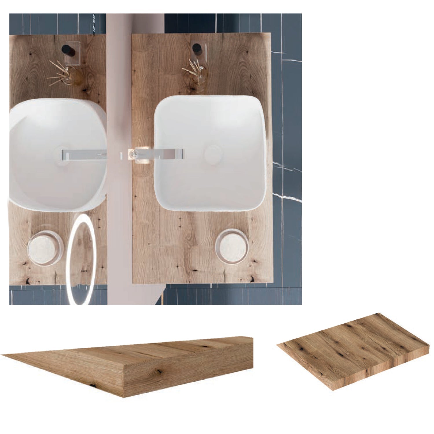  Mobile bagno con lavabo d'appoggio in ceramica e specchio led cm 80 rovere naturale e blu pastello opaco- Cubi&Co modello Destiny 2 by CeramicStore | Lo specialista del tuo bagno