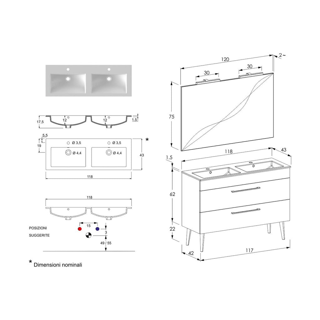  Composizione bagno sospesa Smack a 2 cassetti 118x62 con doppio lavabo