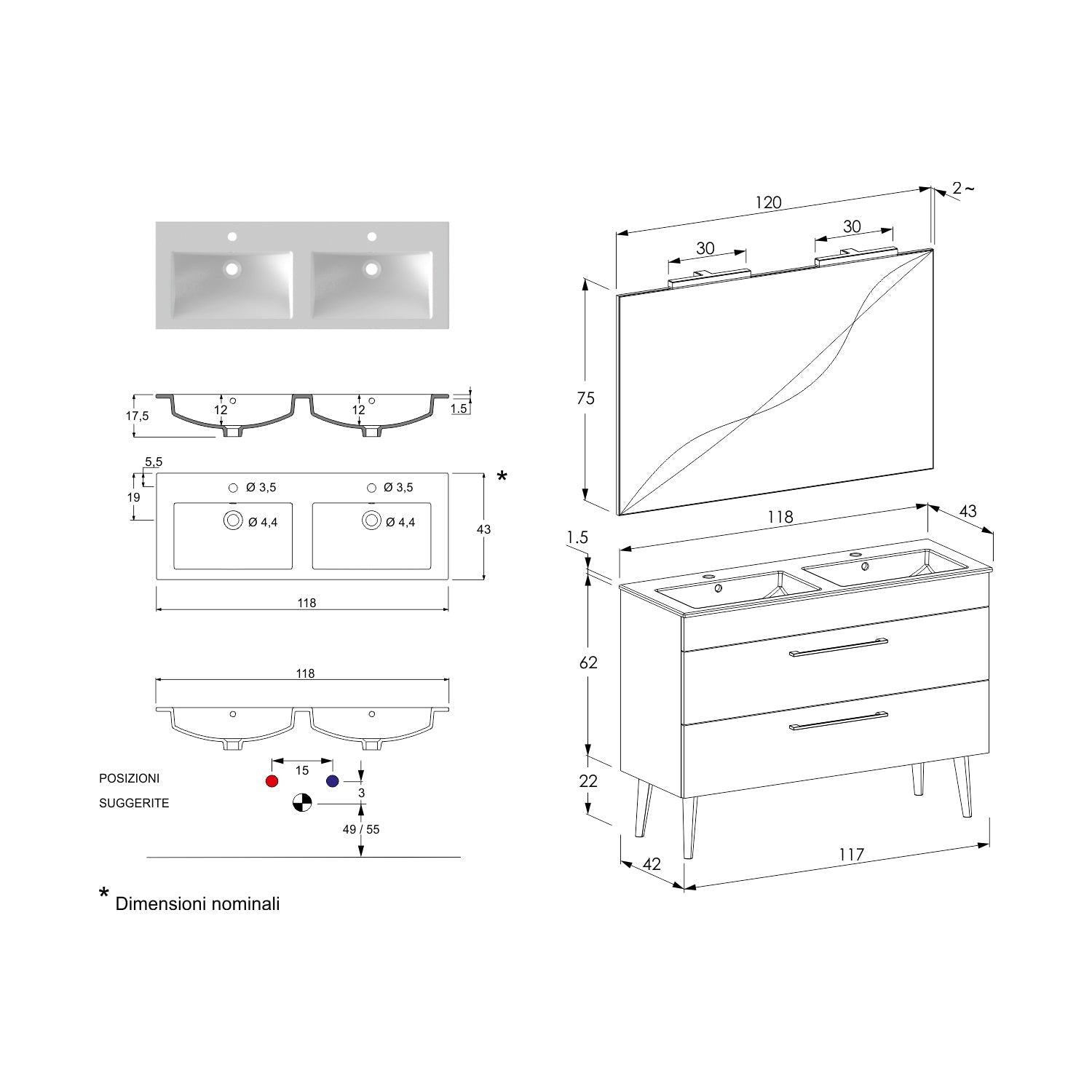  Composizione bagno sospesa Smack a 2 cassetti 118x62 con doppio lavabo