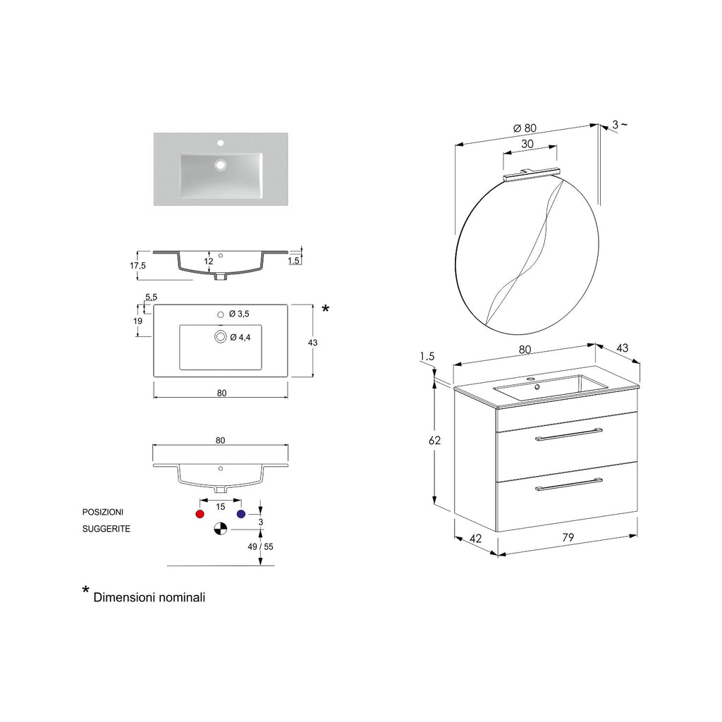  Composizione bagno sospesa Smack a 2 cassetti 80x62 con lavabo