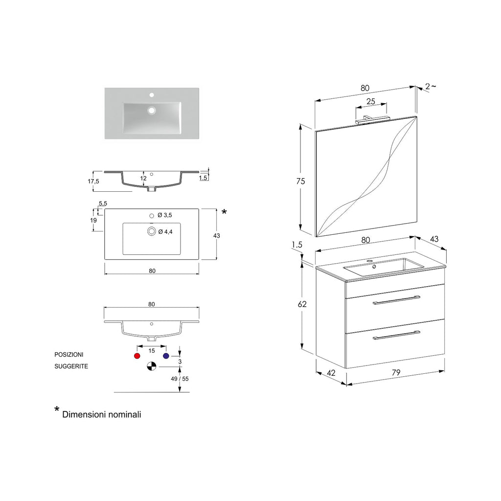  Composizione bagno sospesa Smack a 2 cassetti 80x62 con lavabo