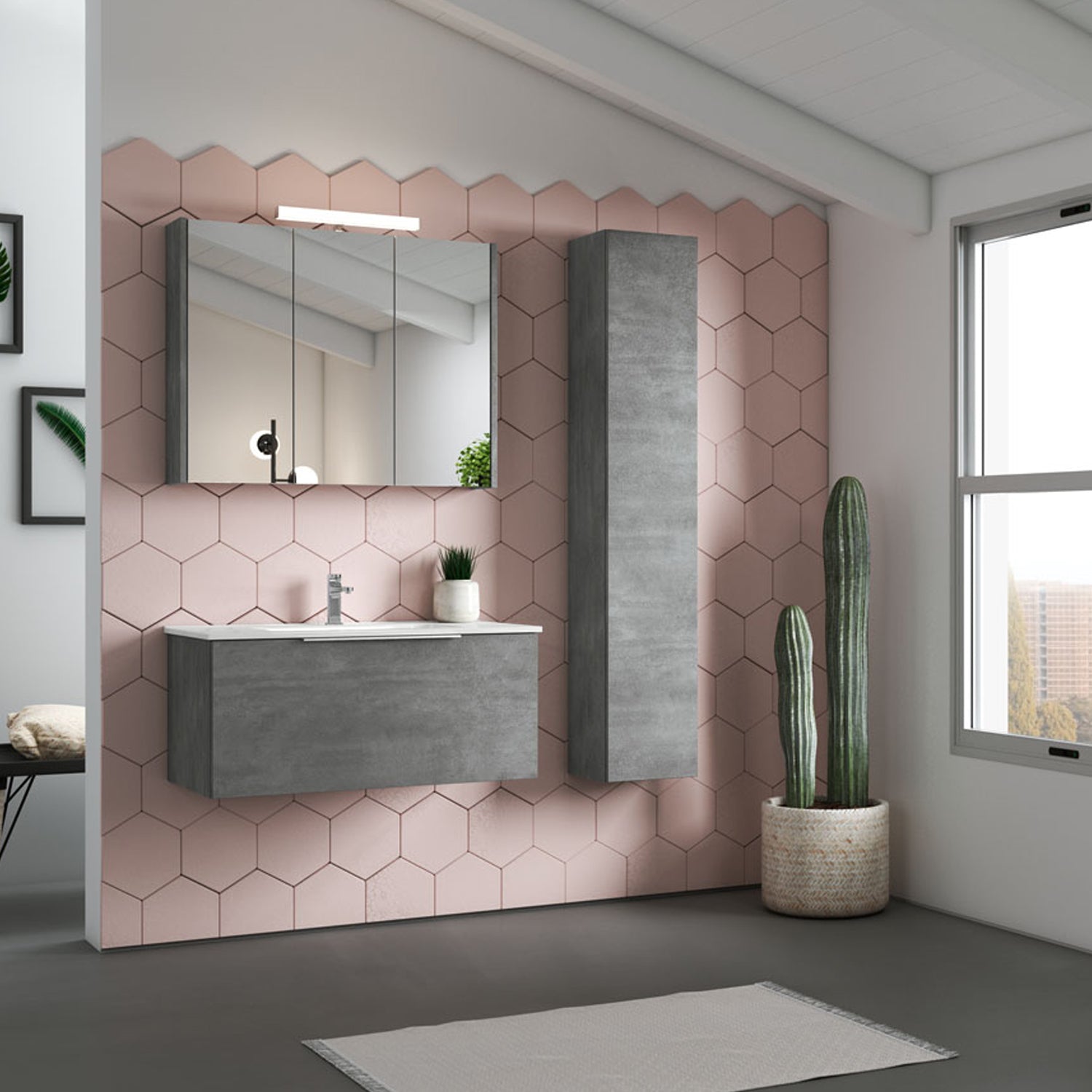  Mobile bagno sospeso modello Portland 02 120 cm con lavabo colonna e specchio color Cemento by CeramicStore | Lo specialista del tuo bagno