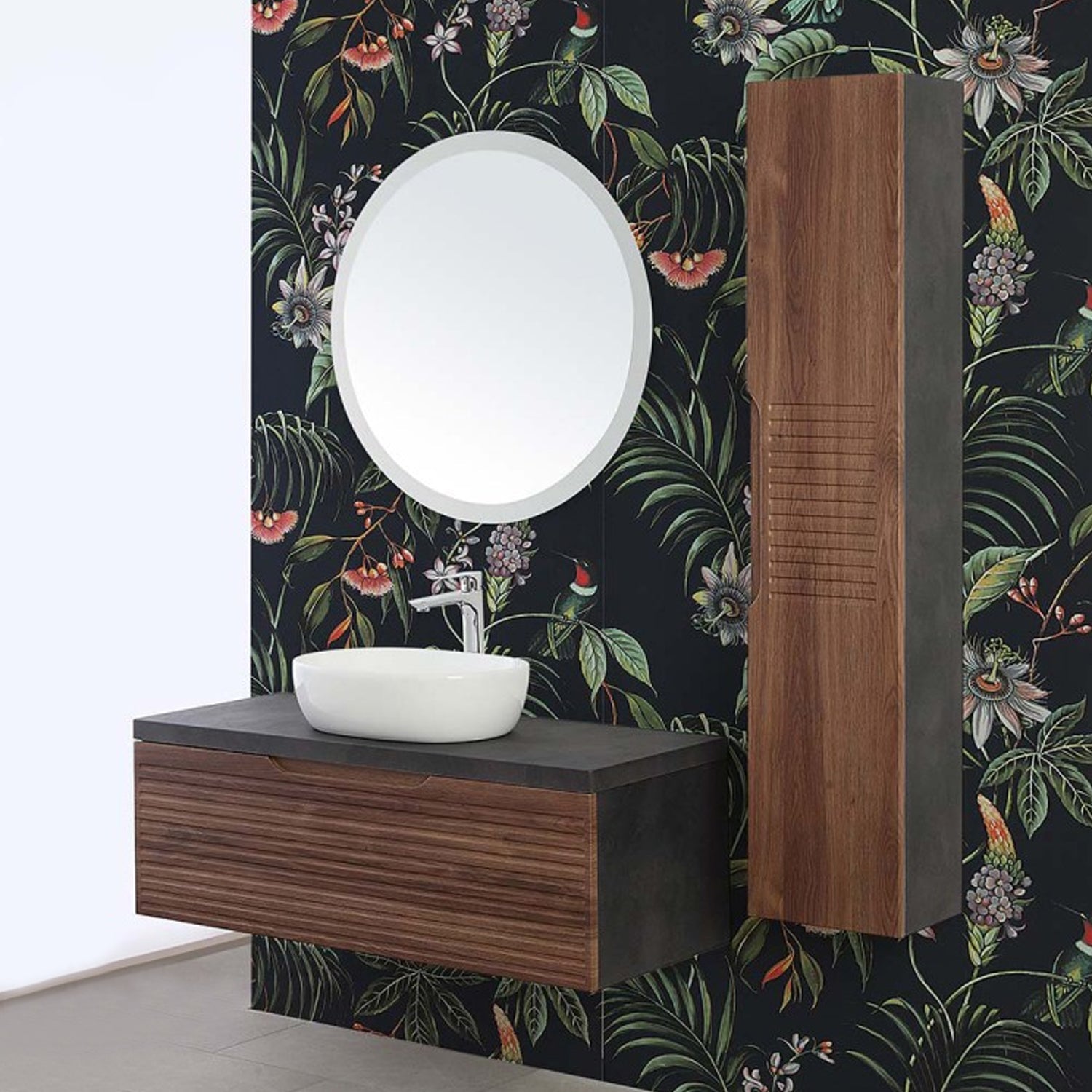 Composizione bagno sospesa Cubi&Co serie Mount 90 cm con lavabo in ceramica e specchio tondo - Noce canaletto