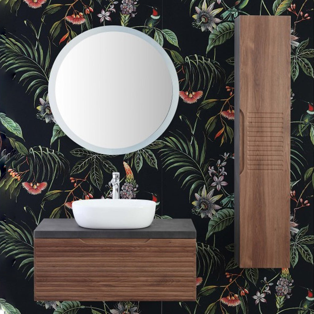 Composizione bagno sospesa Cubi&Co serie Mount 110 cm con lavabo in ceramica e specchio tondo - Noce canaletto