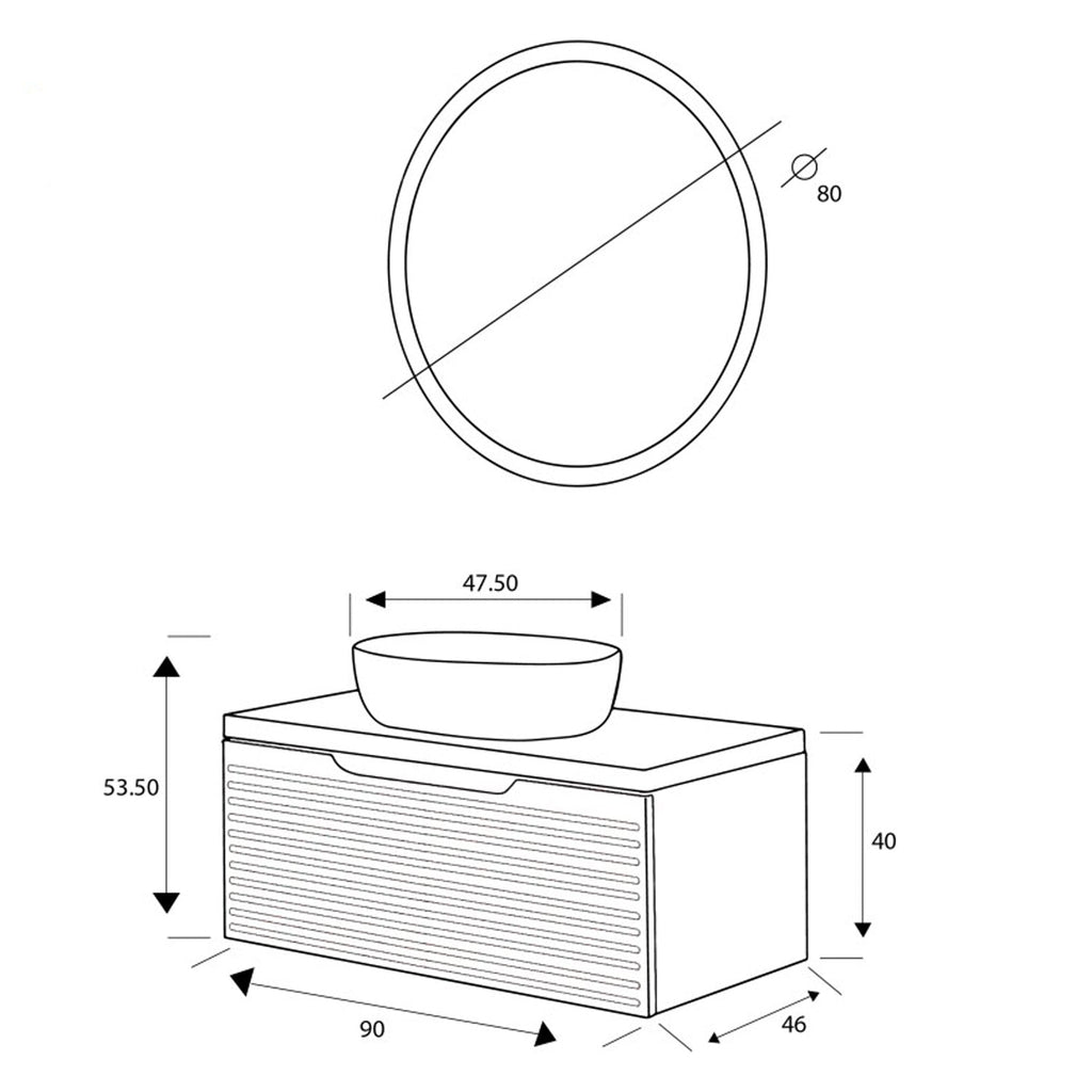 Composizione bagno sospesa Cubi&Co serie Mount 110 cm con lavabo in ceramica e specchio tondo - Noce canaletto