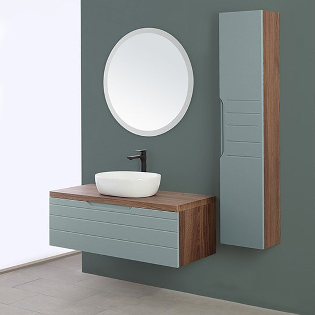 Composizione bagno sospesa Cubi&Co serie Hill 90 cm con lavabo in ceramica e specchio tondo - Verde salvia