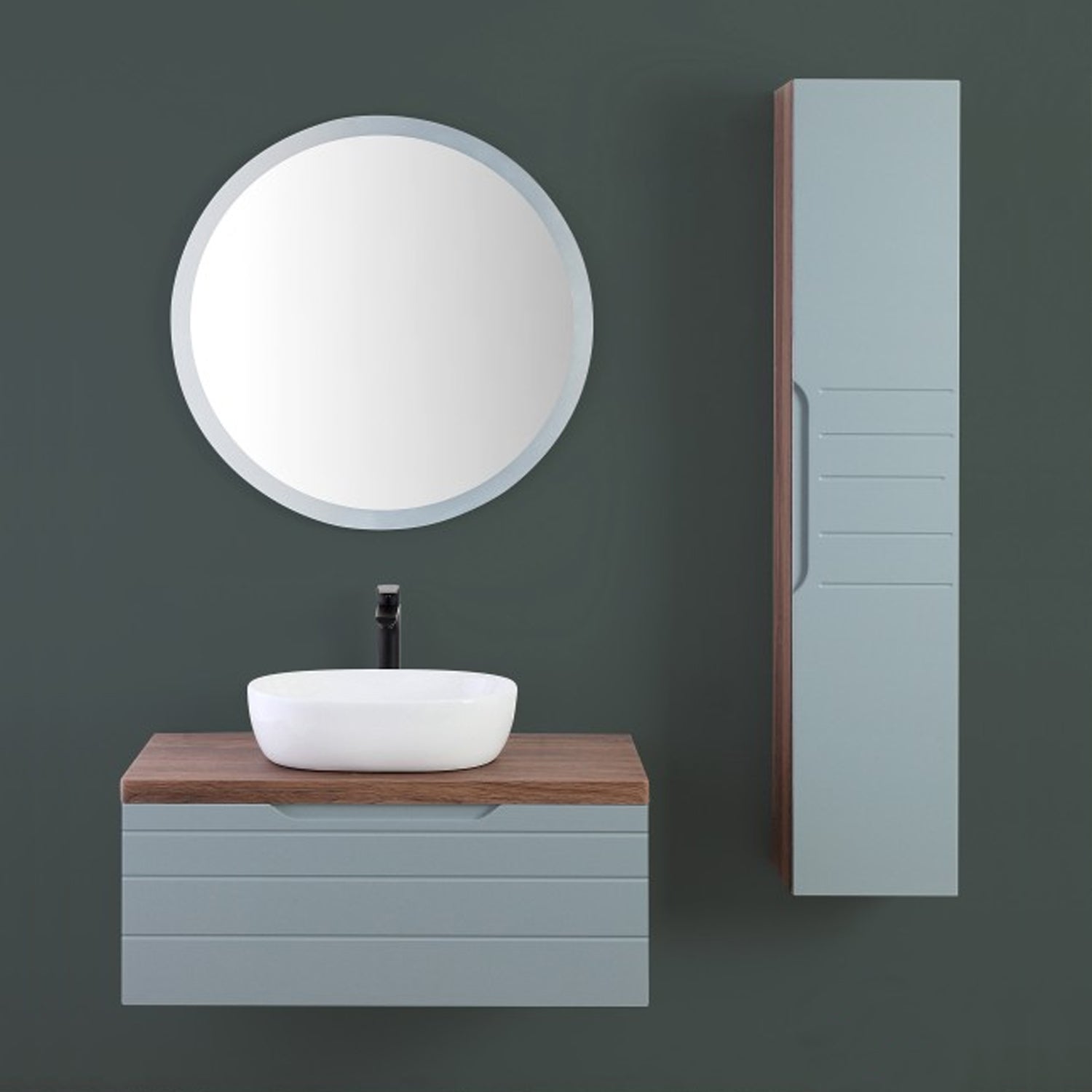 Composizione bagno sospesa Cubi&Co serie Hill 90 cm con lavabo in ceramica e specchio tondo - Verde salvia