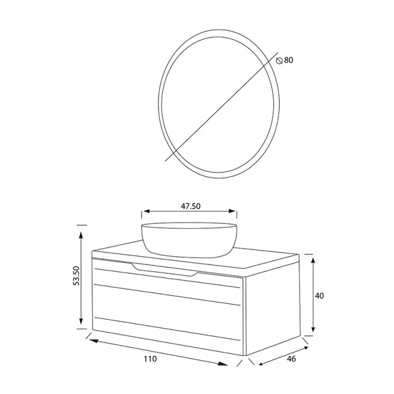 Composizione bagno sospesa Cubi&Co serie Hill 110 cm con lavabo in ceramica e specchio tondo - Verde salvia