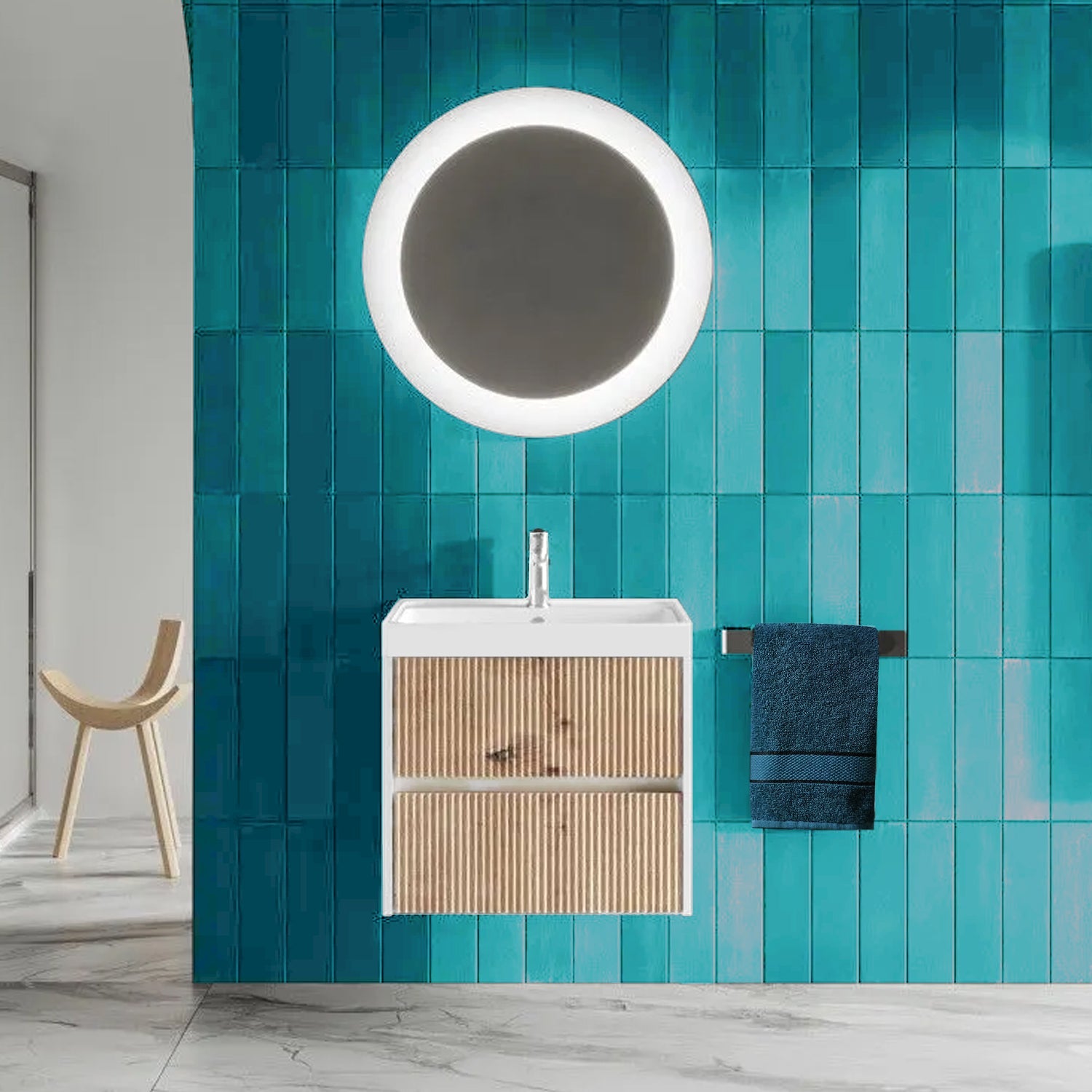 Mobile bagno sospeso cannettato con lavabo e specchio tondo cm 60 colore rovere oro - Cubi&Co Collezione Pure by CeramicStore | Lo specialista del tuo bagno