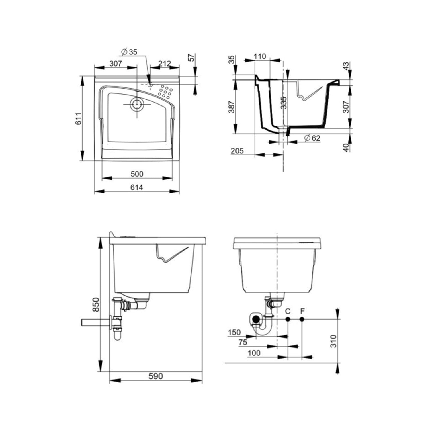 Lavatoio da Incasso in Ceramica Revine - 61x61 cm