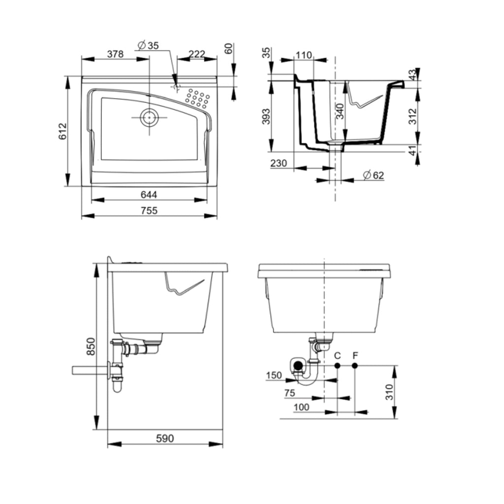 Lavatoio da Incasso in Ceramica Revine - 75x61 cm