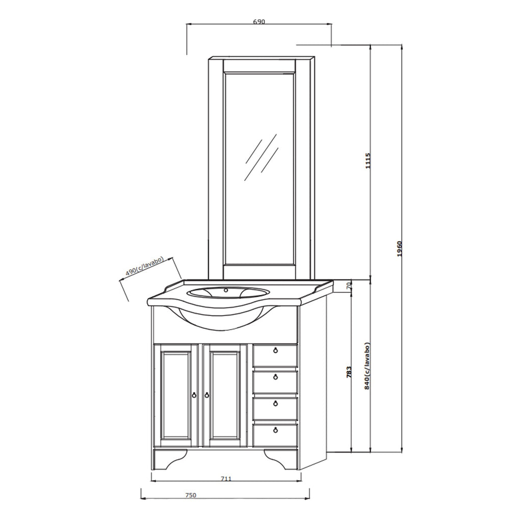 Composizione bagno classica Cubi&Co modello Livia 75 cm con specchio e consolle - Noce antico