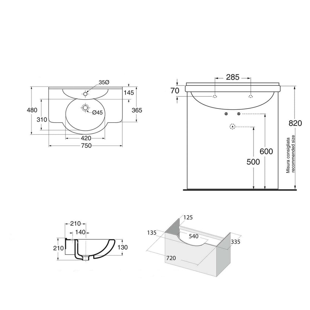 Composizione bagno classica Cubi&Co modello Livia 75 cm con specchio e consolle - Noce antico
