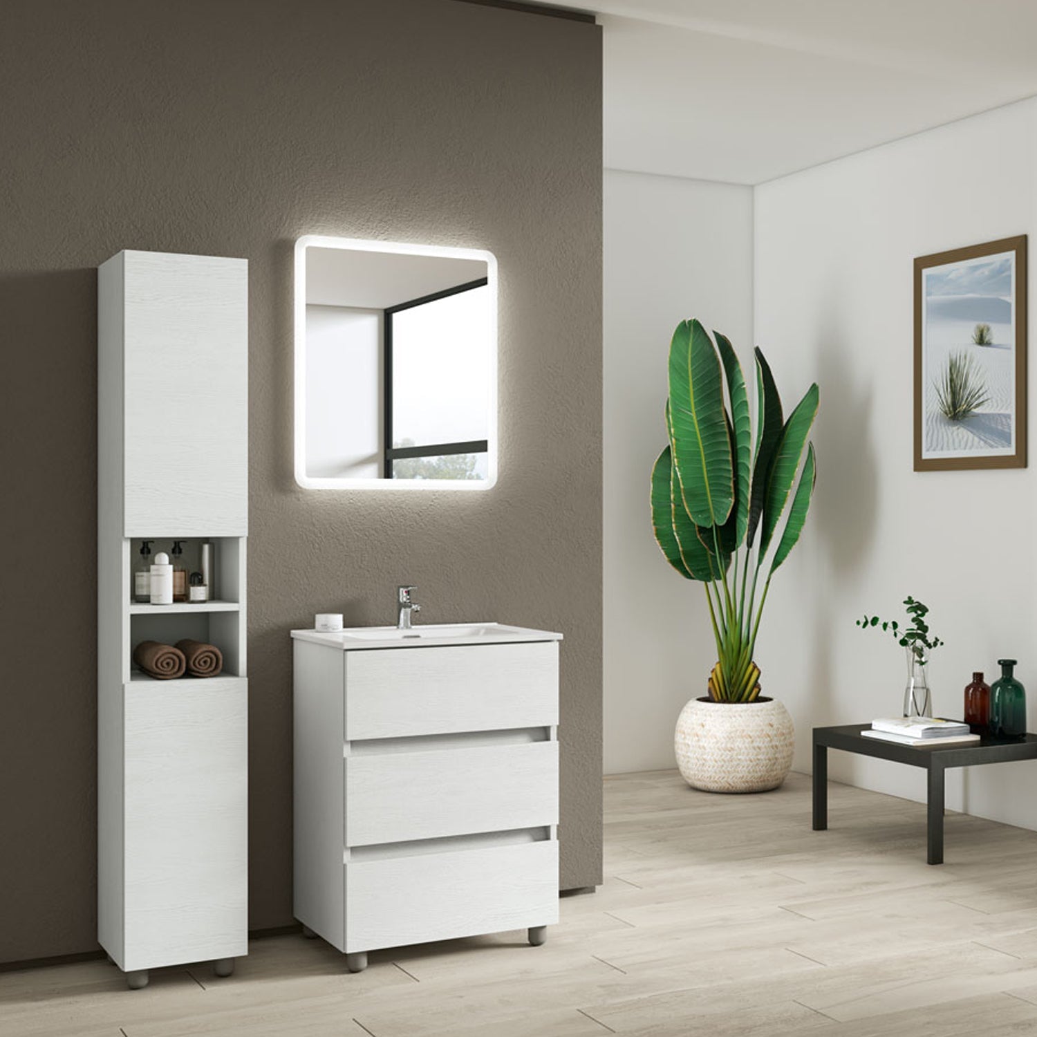 Composizione bagno con lavabo specchio retroilluminato e colonna modello KoraXL02 90 cm Bianco Frassinato by CeramicStore | Lo specialista del tuo bagno