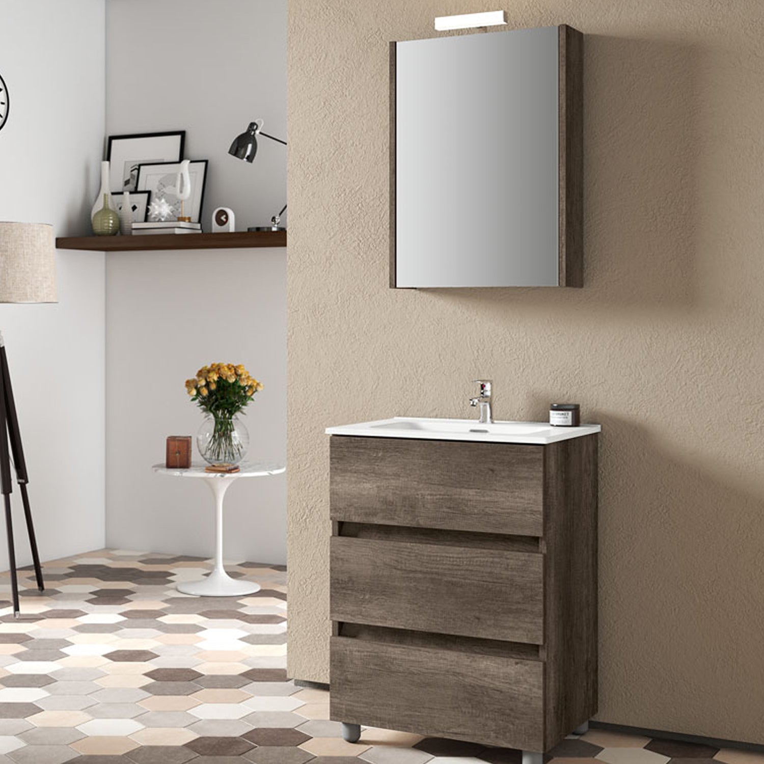  Composizione bagno con lavabo e specchio contenitore illuminato modello KoraXL03 60 cm Rovere Scuro by CeramicStore | Lo specialista del tuo bagno