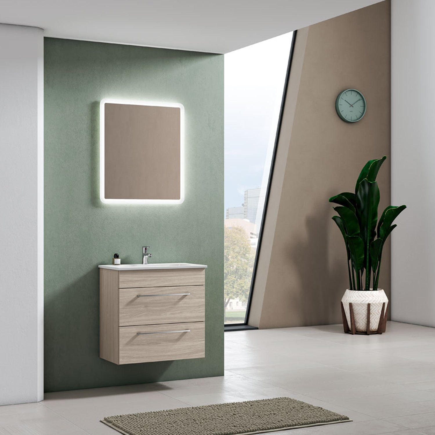 Mobile bagno sospeso con lavabo e specchio retroilluminato color Olmo Rousseau modello Gio' 02 60 cm by CeramicStore | Lo specialista del tuo bagno