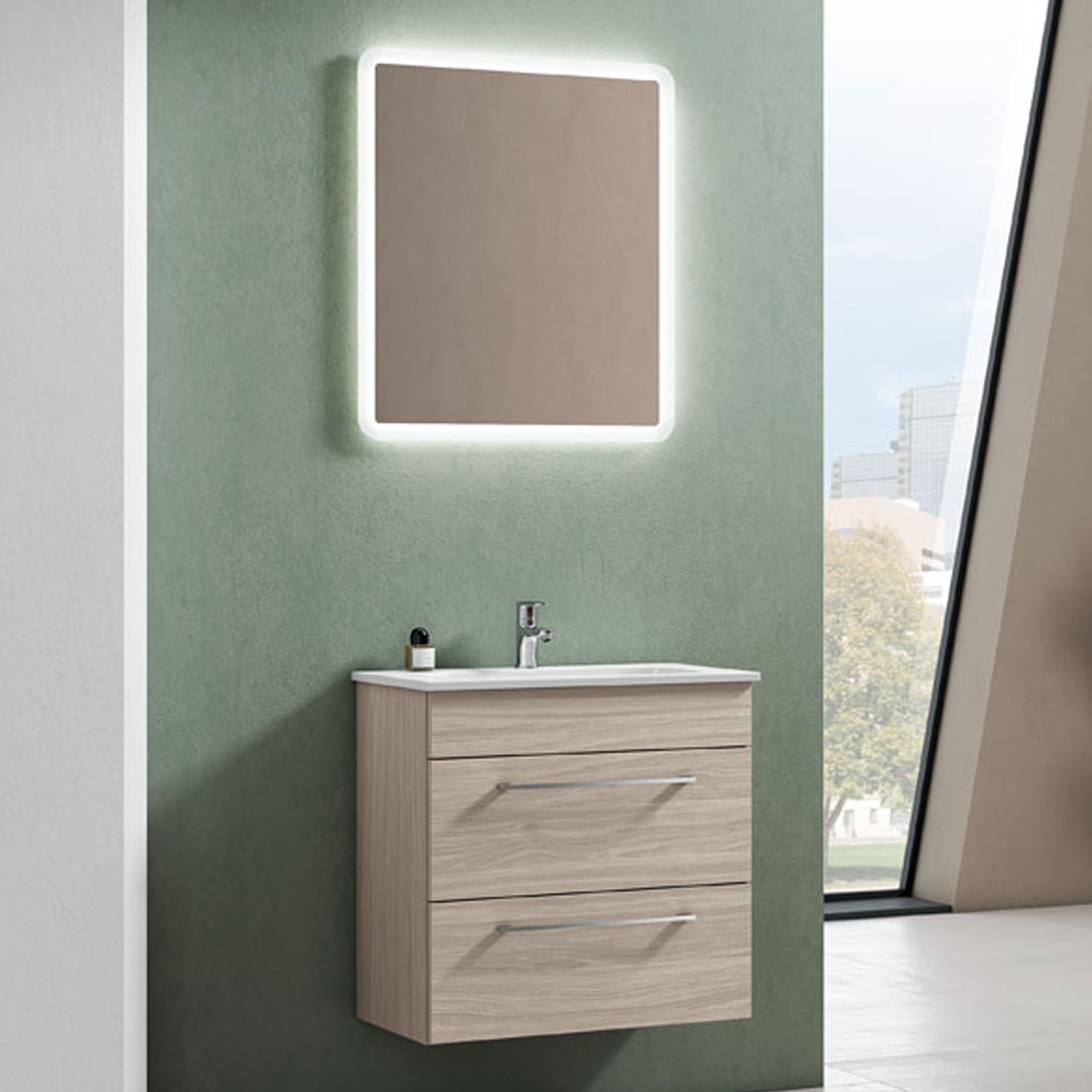  Mobile bagno sospeso con lavabo e specchio retroilluminato color Olmo Rousseau modello Gio' 02 60 cm by CeramicStore | Lo specialista del tuo bagno
