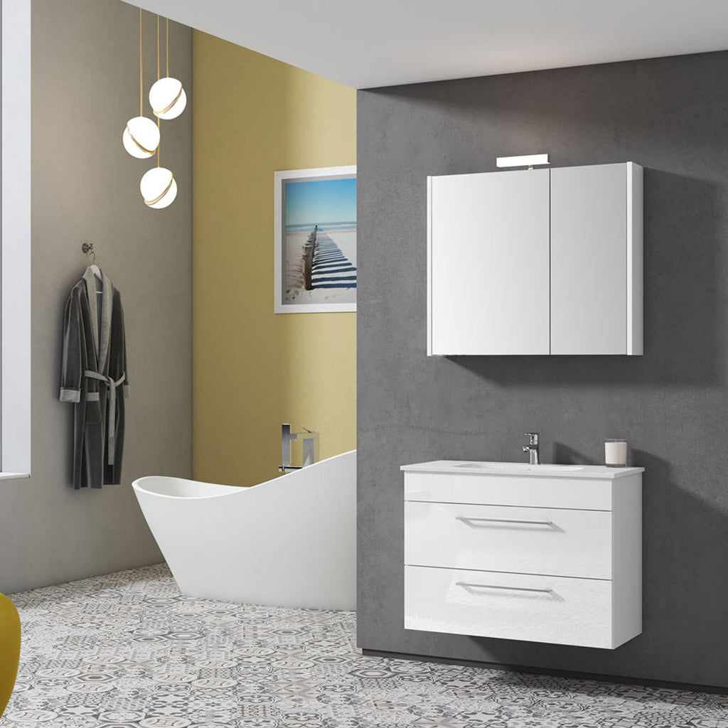 Mobile bagno sospeso con lavabo e specchio contenitore illuminato color Bianco Lucido modello Gio' 03 80 cm by CeramicStore | Lo specialista del tuo bagno