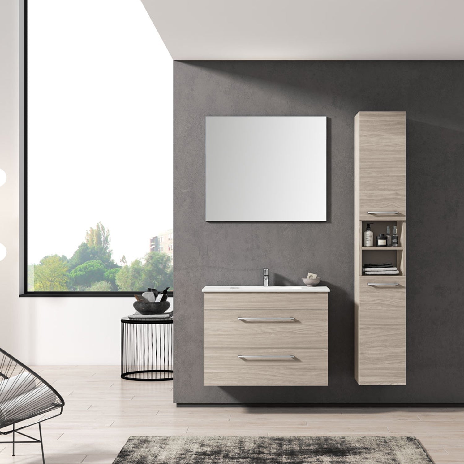 Mobile bagno sospeso con lavabo colonna e specchio color Olmo Rousseau modello Gio' 04 110 cm by CeramicStore | Lo specialista del tuo bagno