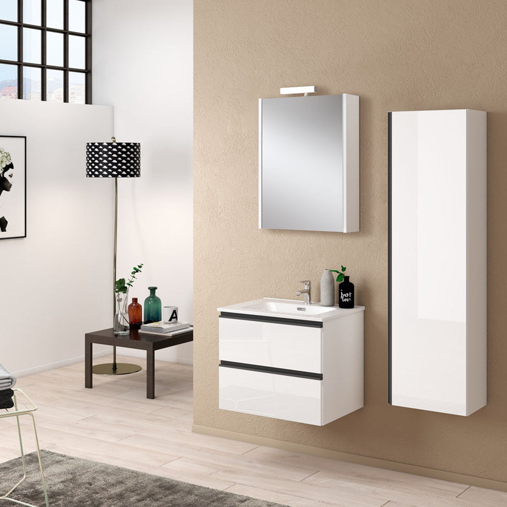 Composizione bagno sospesa con lavabo colonna e specchio contenitore modello York06 100 cm Bianco Lucido by CeramicStore | Lo specialista del tuo bagno