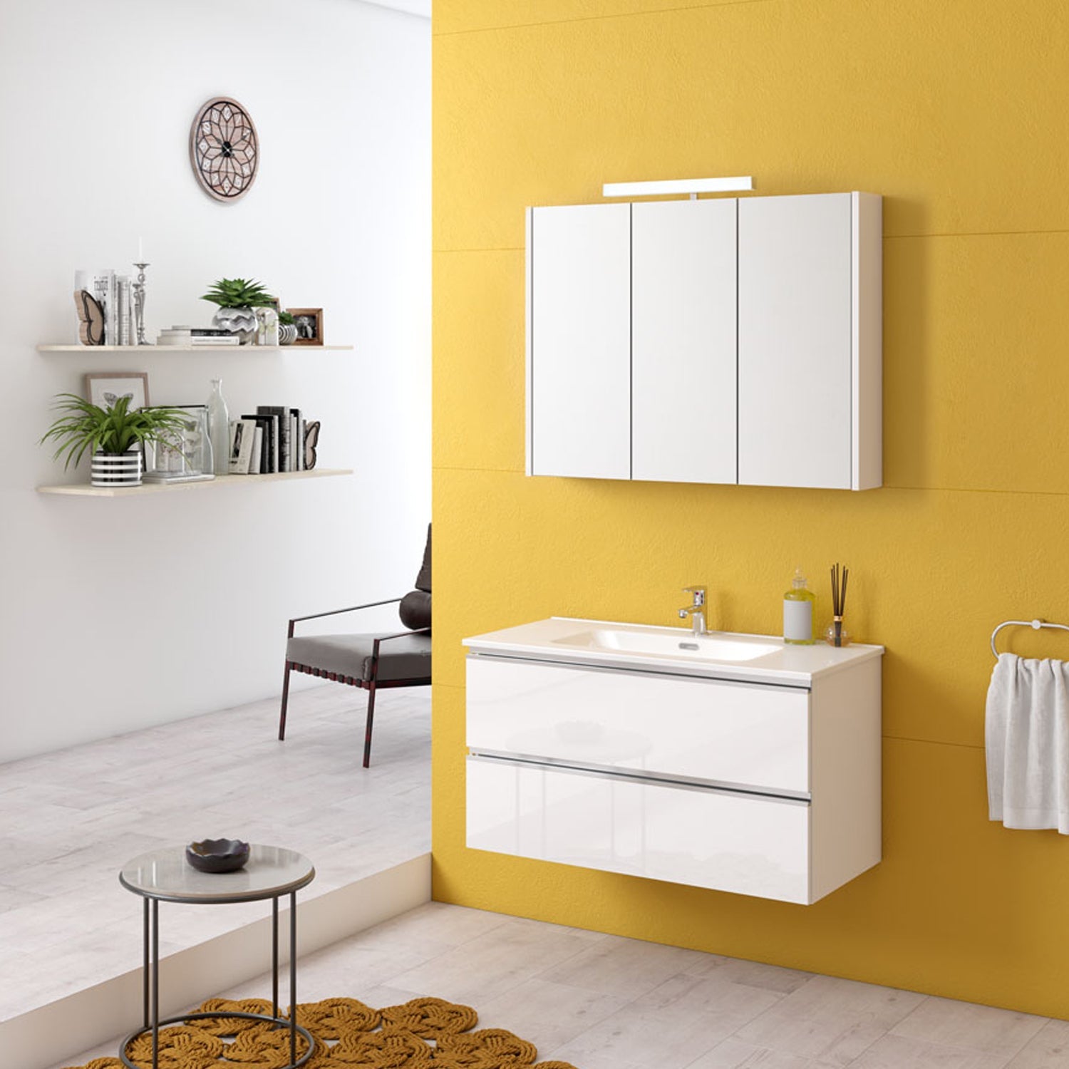 Composizione bagno sospesa con lavabo e specchio contenitore modello York09 90 cm Bianco Lucido by CeramicStore | Lo specialista del tuo bagno