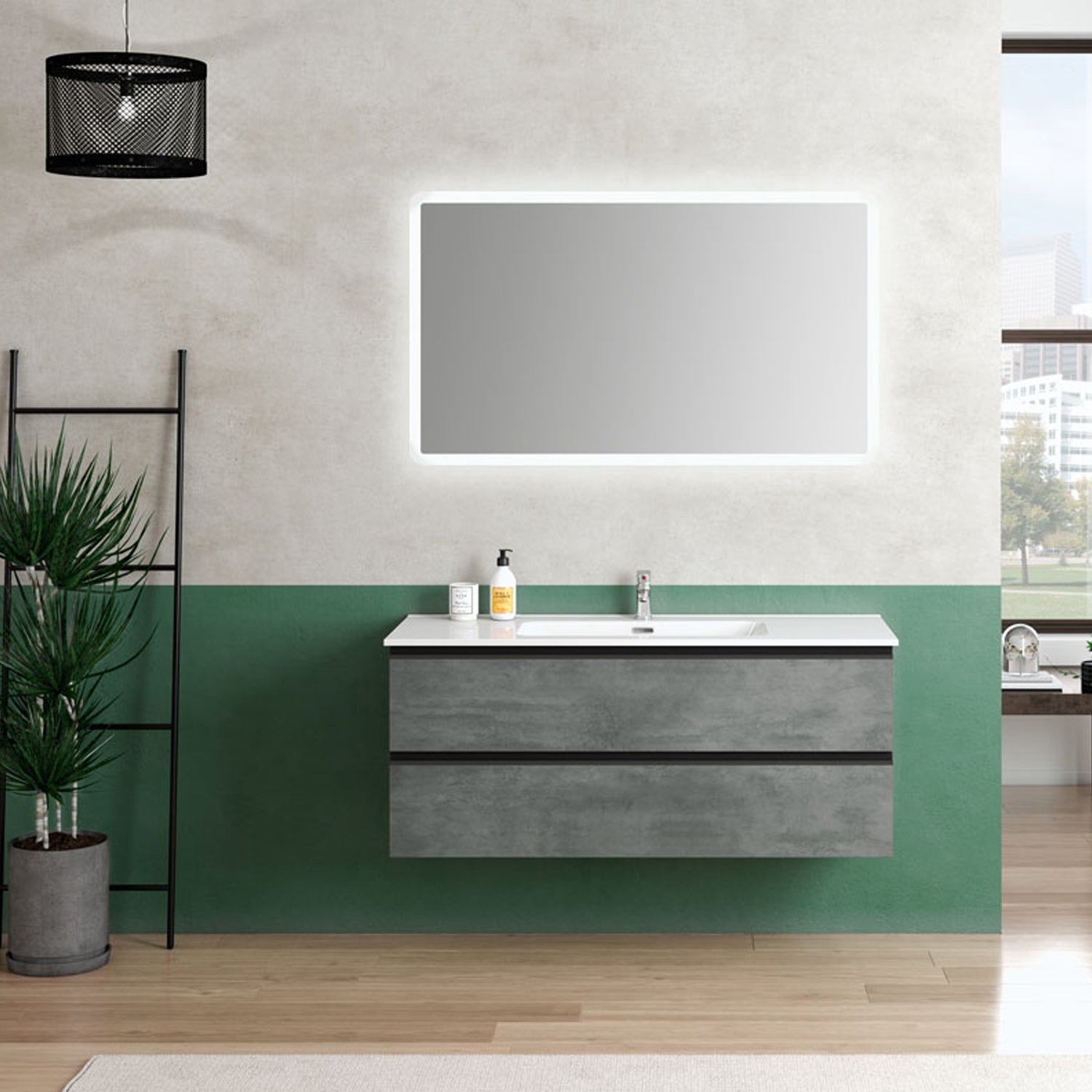 Composizione bagno sospesa con lavabo e specchio retroilluminato York07 120x46x190h cm Cemento by CeramicStore | Lo specialista del tuo bagno