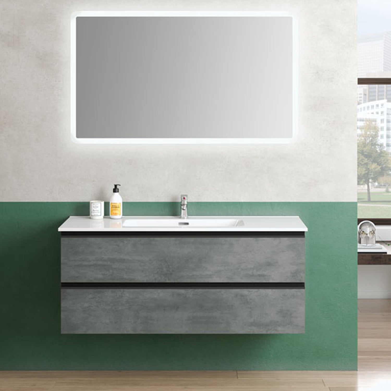  Composizione bagno sospesa con lavabo e specchio retroilluminato York07 120x46x190h cm Cemento by CeramicStore | Lo specialista del tuo bagno