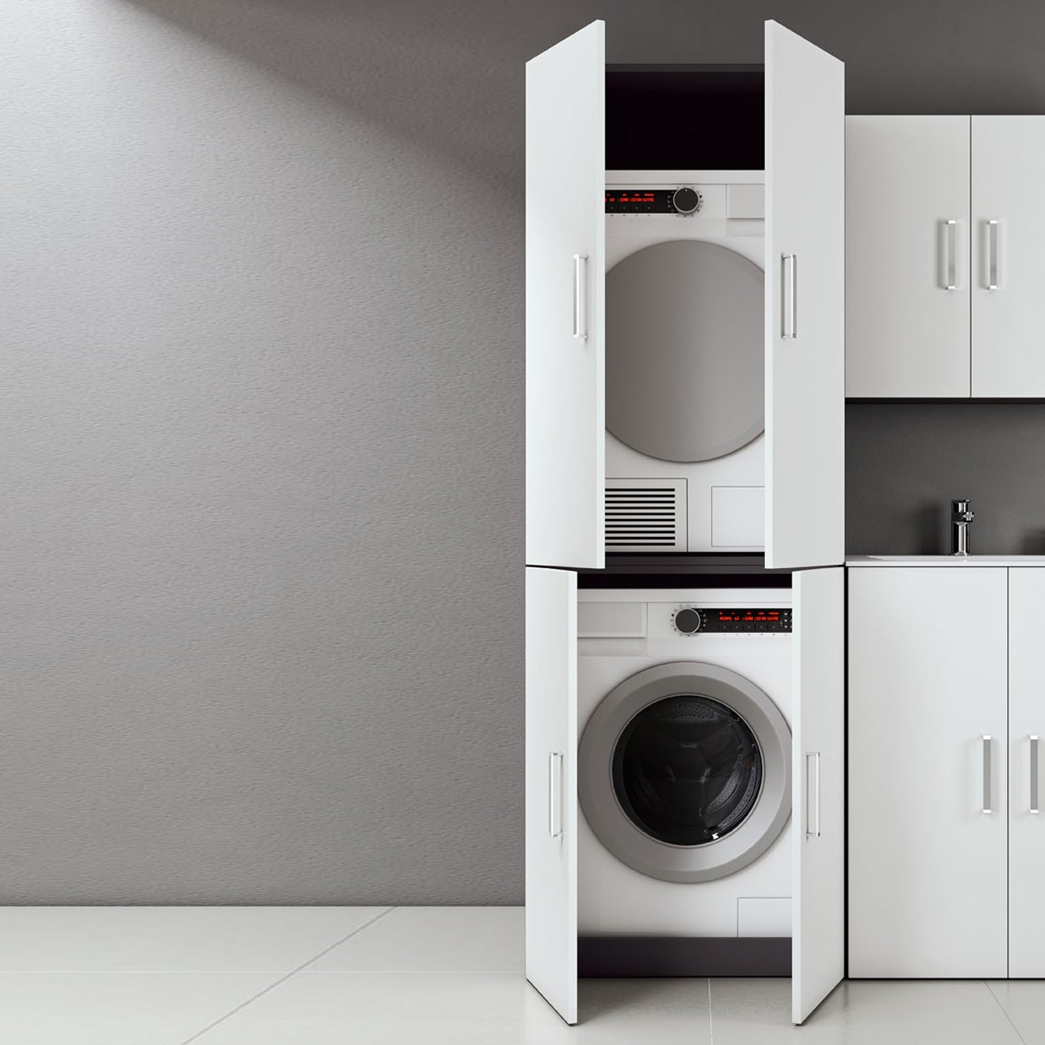  Composizione Mobili Lavanderia Area51-01 con lavatoio e moduli lavatrice ed asciugatrice - Bianco Laccato Opaco by CeramicStore | Lo specialista del tuo bagno