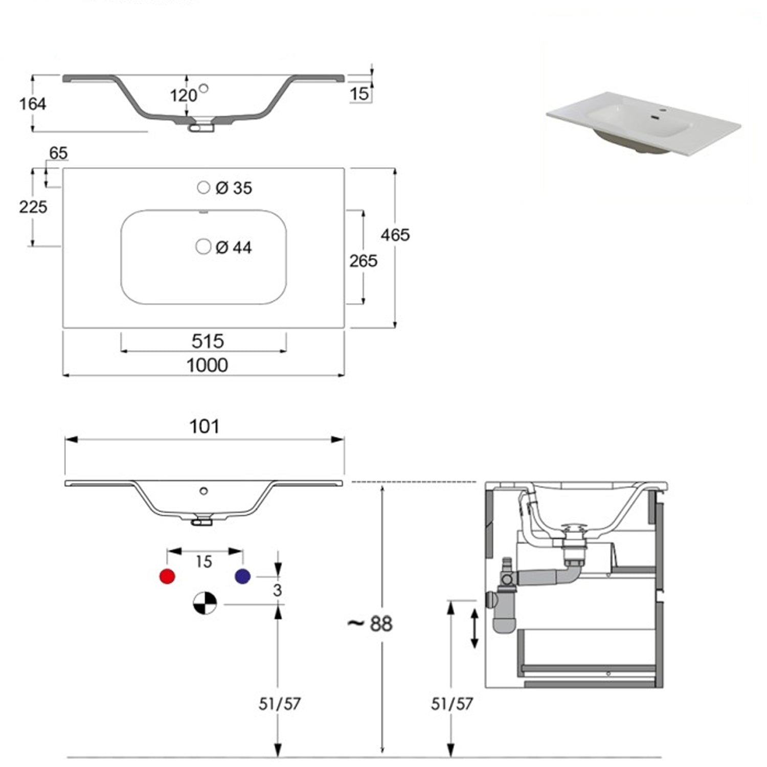900217 - Mobile bagno sospeso 100 cm con lavabo e specchio - Collezione Revival Cubi&Co