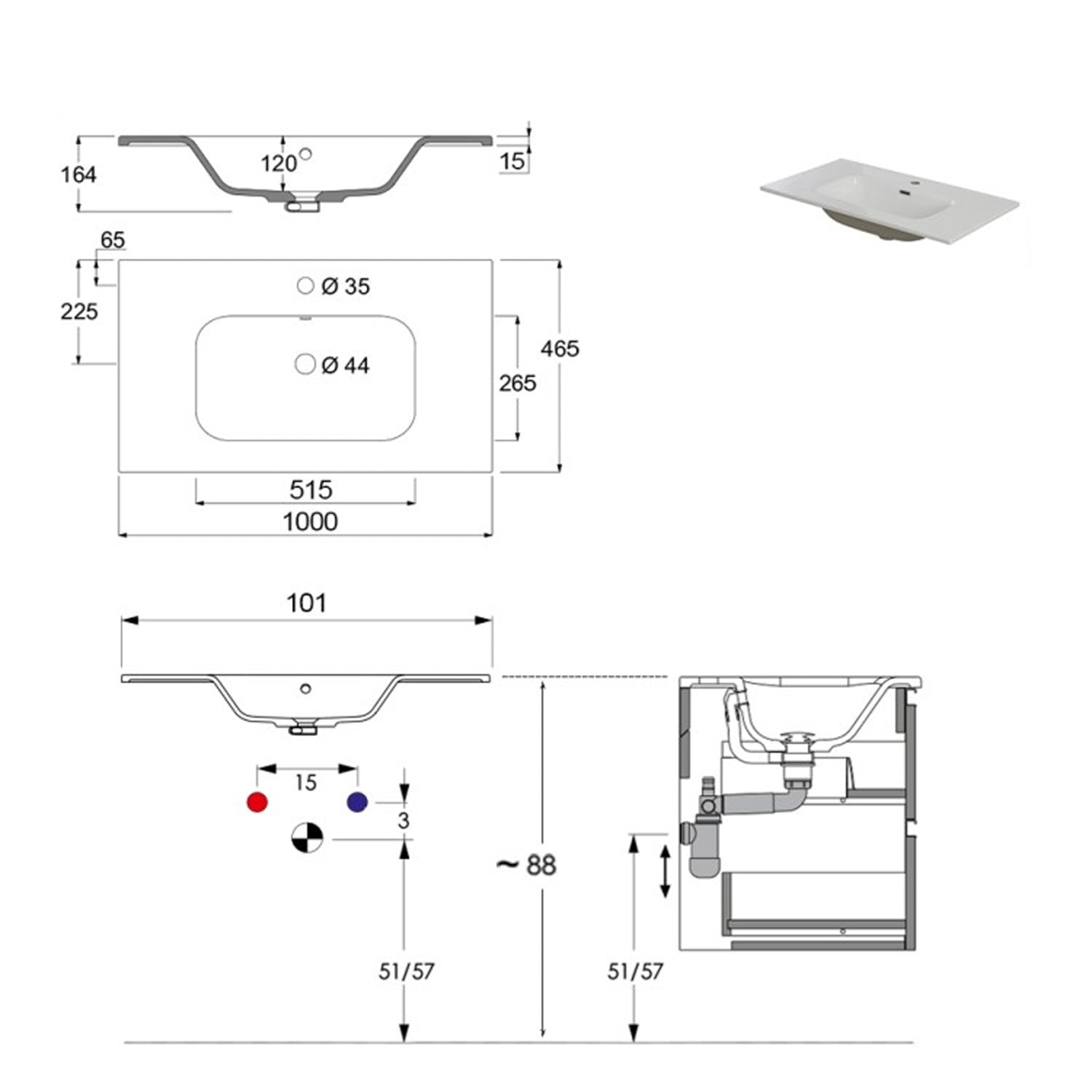 900215 - Composizione Bagno Sospesa Lunghezza 100 cm con Cassetti Soft-Close - Collezione Revival Cubi&co