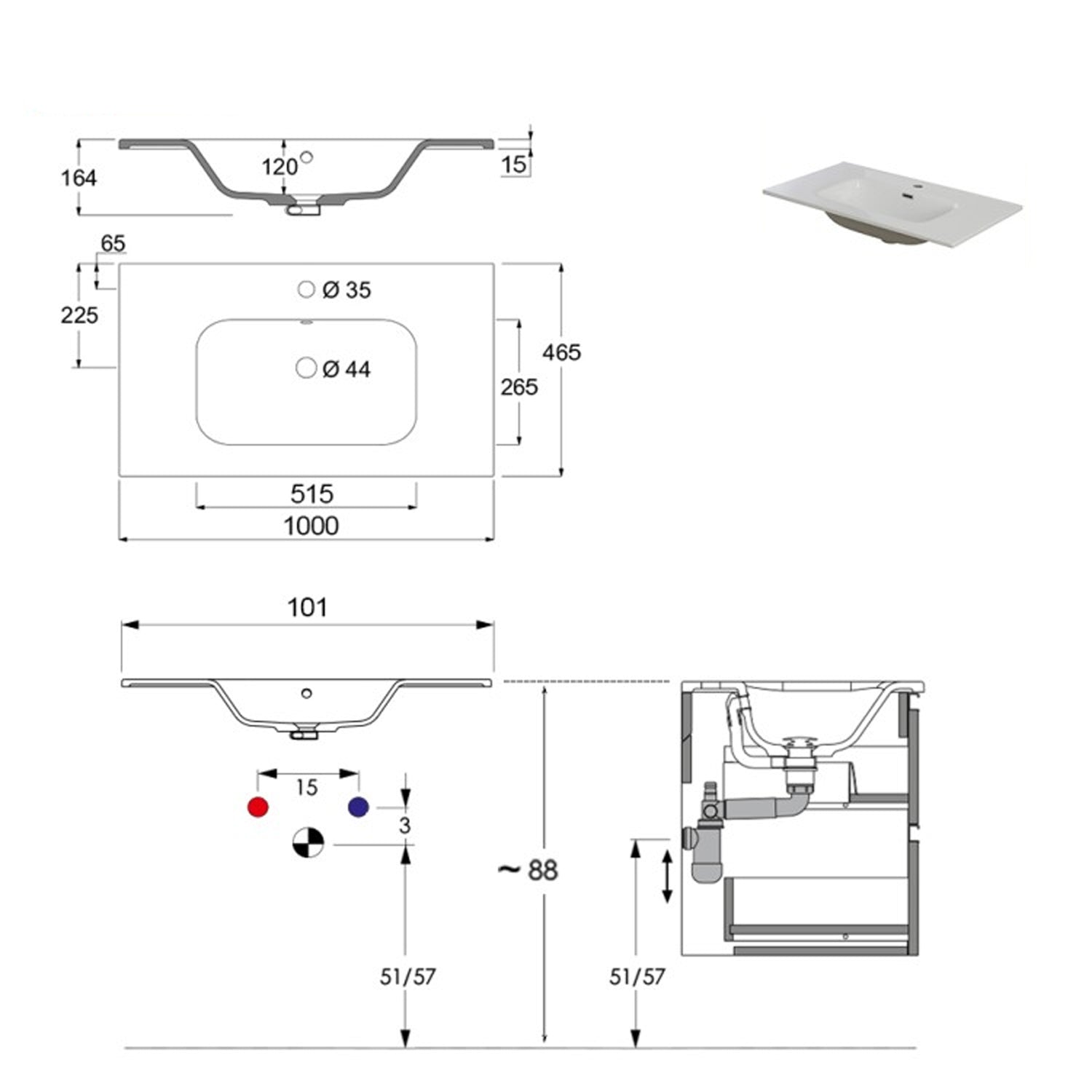 900214 - Composizione Bagno Sospesa Lunghezza 100 cm con Cassetti Soft-Close - Collezione Revival Cubi&co