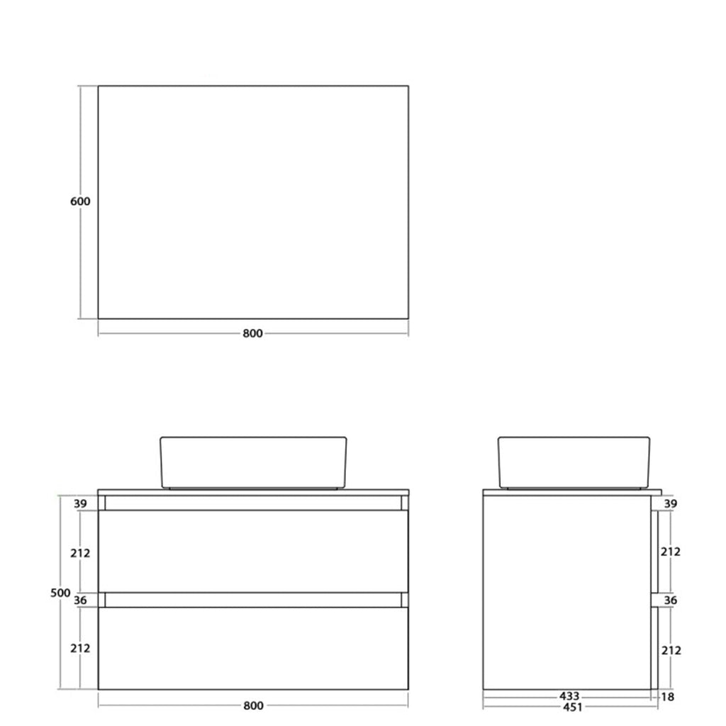 900233 - Composizione Bagno Sospesa Lunghezza 80 cm con Lavabo in Appoggio e Cassetti Soft-Close - Collezione Revival Cubi&co