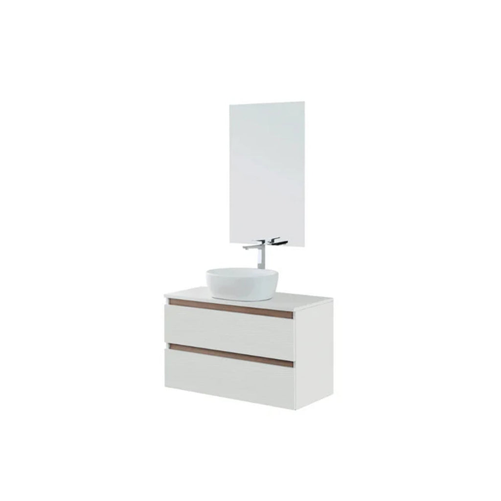 900276 - Composizione Bagno Sospesa Lunghezza 100 cm con Lavabo in Appoggio e Cassetti Soft-Close  Collezione Revival Cubi&co - Bianco Frassinato