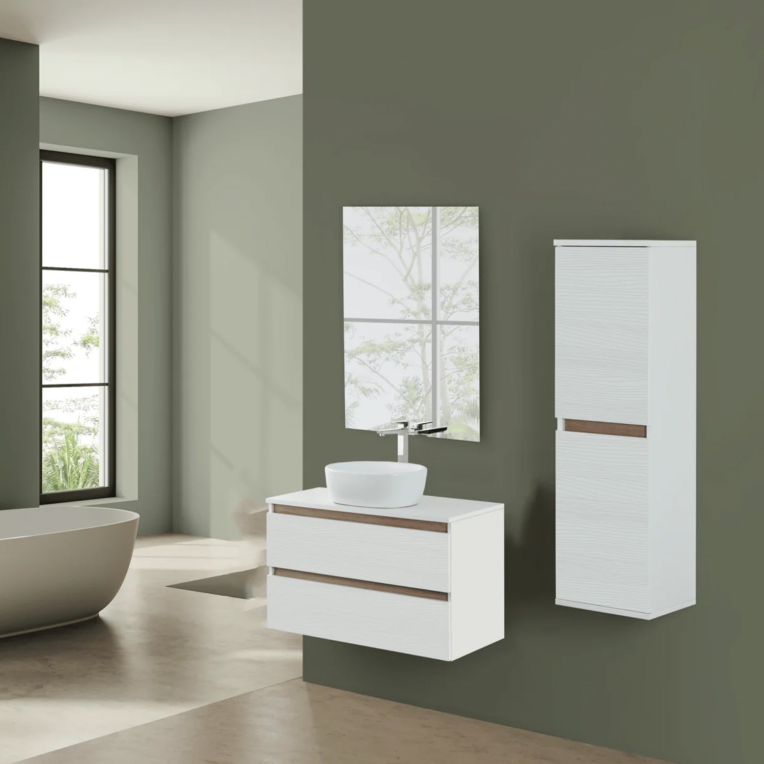 900276 - Composizione Bagno Sospesa Lunghezza 100 cm con Lavabo in Appoggio e Cassetti Soft-Close  Collezione Revival Cubi&co - Bianco Frassinato