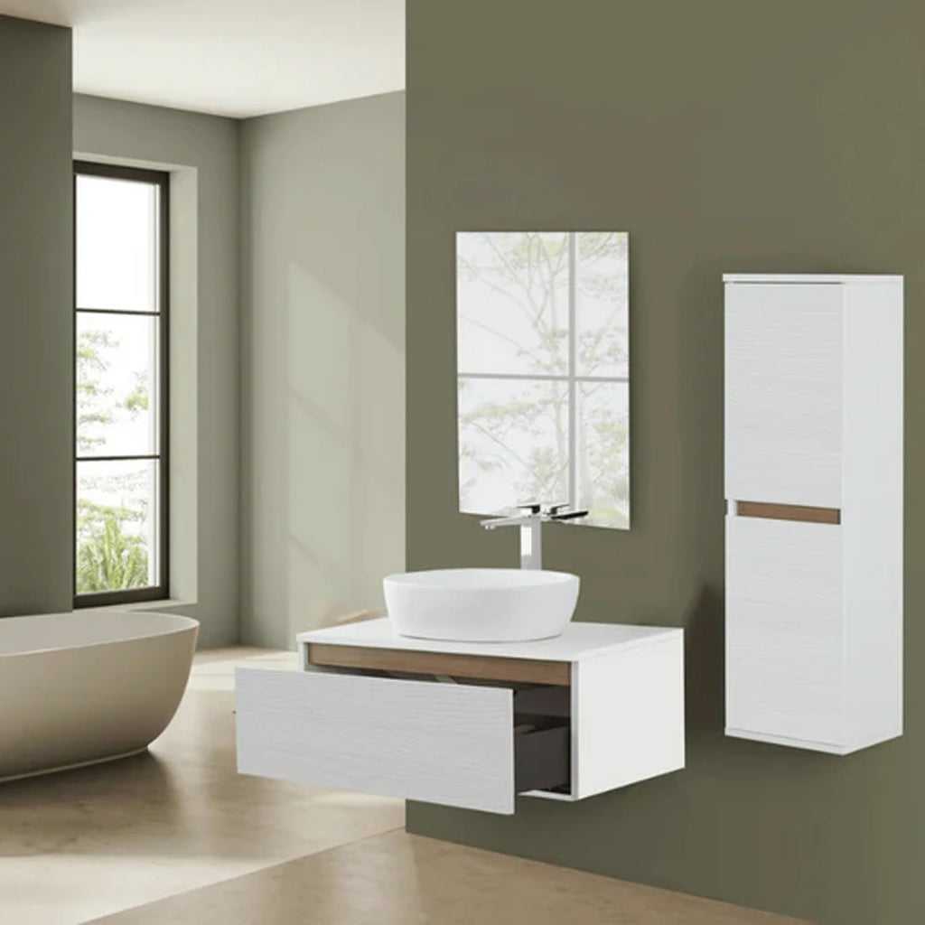 900277 - Composizione Bagno Sospesa Lunghezza 80 cm con Lavabo in Appoggio  Collezione Revival Cubi&co - Bianco Frassinato