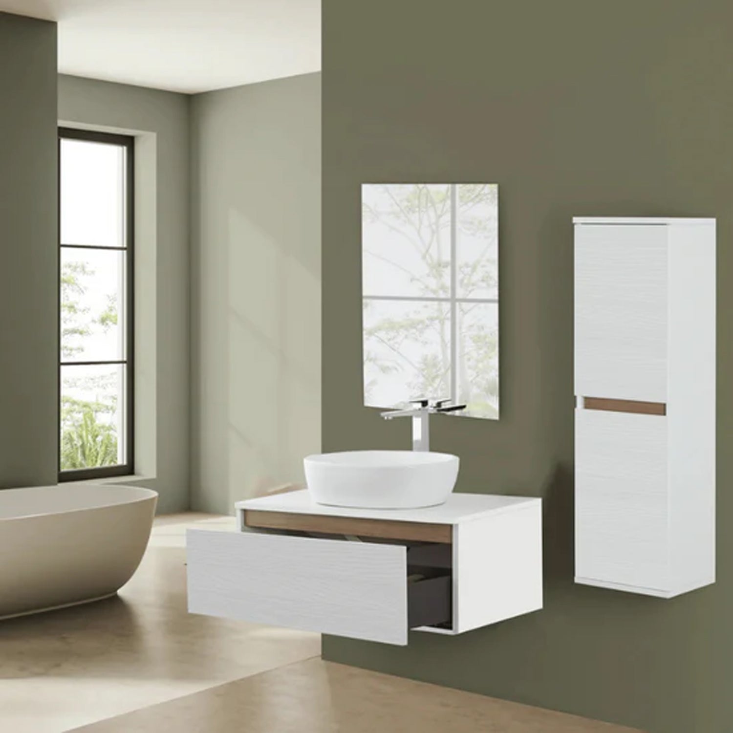 900277 - Composizione Bagno Sospesa Lunghezza 80 cm con Lavabo in Appoggio  Collezione Revival Cubi&co - Bianco Frassinato