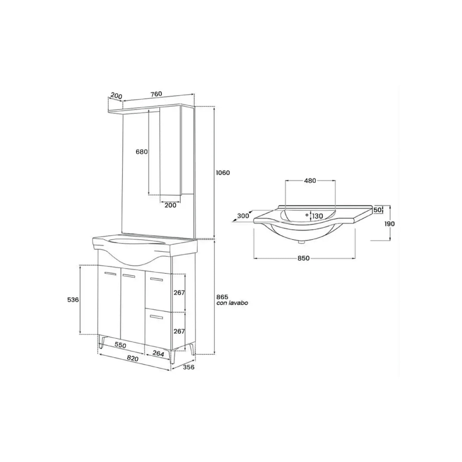 799304 - Mobile bagno con due ante, due cassetti e specchio con pensile Serie Star Cubi&co - Rovere dolomite
